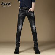 JEEP SPIRIT男士牛仔褲修身潮牌韓版潮流百搭黑色牛仔褲小腳休閑長(cháng)褲子男秋季 黑色 32