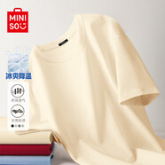 名創(chuàng)優(yōu)品（MINISO）冰絲T恤男夏季男生運(yùn)動(dòng)休閑寬松短袖2025新款涼感透氣速干衣服男t 淺米(純色) 2XL 185(體重160-180斤)