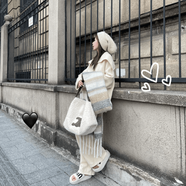 韓版慵懶風(fēng)時(shí)尚毛衣套裝女秋冬新款翻領(lǐng)拉鏈外套闊腿褲針織兩件套 米色 S (建議100斤內）
