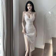 展緣優(yōu)雅淑女性感亮片吊帶v領(lǐng)顯胸大開叉中長裙修身禮服連衣裙 白色 M