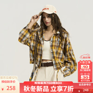 KAMA卡瑪彩色格仔連帽短款襯衫2025新款秋季女裝時尚減齡抽繩上衣 黃色 S