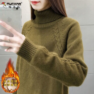 啄木鳥(niǎo)加絨加厚高領(lǐng)毛衣女2025秋冬新款寬松外穿慵懶風(fēng)內搭針織打底衫女 軍綠色 加厚 加絨 S 建議80-95斤