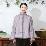 MGRRXINU秋冬新款真絲提花緞棉衣水貂毛中式改良盤(pán)扣孕棉服簡(jiǎn)約寬松加棉 鳳信紫 S (寬松版型)