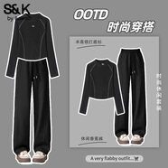 班尼路（Baleno）S&K系列休閑時(shí)尚套裝女裝半高領(lǐng)打底衫上衣服香蕉直筒褲子兩件套 黑#純色+黑#純色 XL
