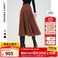 朗姿高腰通勤高級感中長裙子網(wǎng)紗裙直筒裙半身裙2025年秋季新款女 紅棕色 L