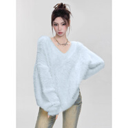 吻璦（wenai）打底衫女2025年秋冬裝新款長(cháng)袖t恤粉色V領(lǐng)馬海毛套頭毛衣女秋冬季 藍色 均碼