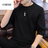 CINESSD七分袖t恤五分袖帥氣中袖新款男士純棉上衣圓領(lǐng)寬松體恤古風(fēng) 寬松七分袖 黑色【凈版】 L .110-130斤 170/84A