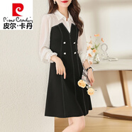 皮爾卡丹（pierre cardin）歐洲站長(cháng)袖連衣裙女2024秋季新款假兩件襯衫裙氣質(zhì)收腰A字裙子潮 黑色 S 建議85-105斤