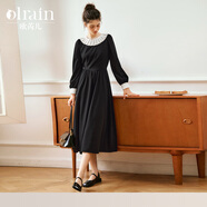 Olrain歐芮兒法式赫本風(fēng)連衣裙女春裝新款撞色花瓣領(lǐng)長(zhǎng)袖裙子 黑色 M