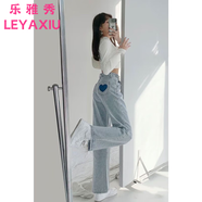 樂(lè )雅秀復古做舊愛(ài)心補丁牛仔褲女2025春秋寬松顯廋直筒褲高腰顯瘦闊腿褲 藍色 M 95-110斤