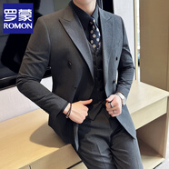 羅蒙（ROMON）雙排扣槍駁領(lǐng)西裝男套裝修身休閑韓版商務(wù)正裝男士結婚三件套西服 338灰色雙排扣【單件西服】 XL