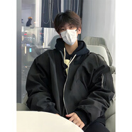 趣米樂美式高街vibe飛行員教練夾克男秋冬季寬松工裝墊肩棒球服外套衣服 黑色 XL 【建議120-140斤】