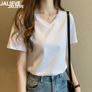 嘉麗薇短袖t恤女2025夏季新款白色純棉高級感輕奢V領(lǐng)短袖打底正肩上衣 白色【v 常規(guī)款】 L ( 建議 100-112斤)