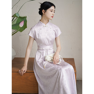 初蟬衣事新中式連衣裙女2025夏新款立領(lǐng)收腰提花醋酸高端日常國風(fēng)改良旗袍 紫色（贈腰封） S （現貨）