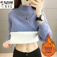 啄木鳥(niǎo)（TUCANO）羊毛衫女加絨加厚毛衣女寬松新款半高領(lǐng)羊毛針織衫保暖上衣女裝 方格 藍色【加絨加厚】 M 建議95-105斤