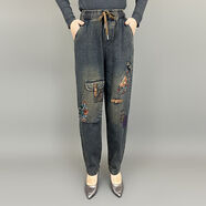 泳萱（YONGXUAN）中老年牛仔褲女寬松大碼老爹褲2025春季新款媽媽松緊腰刺繡蘿卜褲 藍色 卡碼拍小 L  115斤左右