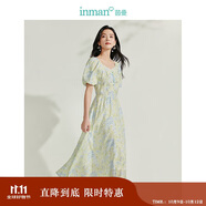 茵曼（INMAN）植物花卉印花女裝V領(lǐng)連衣裙2025春季新品裙子 青綠江山-短袖  S