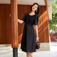 FIRSTSTATION大雅家針梭織拼接圓領(lǐng)短袖連衣裙女24春夏新款4603Z 黑色 160/80A/S