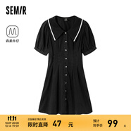 森馬牛仔連衣裙女撞色大翻領(lǐng)學(xué)院風(fēng)森柔牛仔夏收腰泡泡袖短裙甜酷 牛仔水洗黑98201 S