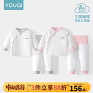 優(yōu)奇嬰兒衣服秋冬套裝寶寶保暖夾棉內(nèi)衣高腰護(hù)肚男女兒童2件套秋冬裝 2套【雅灰+淺紅】 80