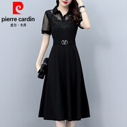皮爾卡丹（pierre cardin）蕾絲刺繡襯衫領(lǐng)連衣裙女夏2024新款大l碼女裝闊太太洋氣減齡遮肚 黑色 3XL【143-160斤】