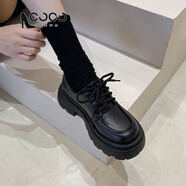 COCOWMWM英倫風(fēng)厚底小皮鞋女2024新款秋冬百搭jk單鞋松糕樂福鞋學(xué)院ins潮 黑色啞光 38