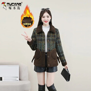 啄木鳥(niǎo)美拉德時(shí)尚格子長(cháng)袖外套女秋冬新款氣質(zhì)羊羔毛絨拼接毛呢短外套 綠黃色 S 建議80-100斤內