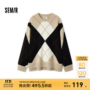 森馬（Semir）森柔|毛衣女冬菱形格撞色落肩圓領(lǐng)寬松套頭衫慵懶學(xué)院風(fēng)毛衫 卡黑色調(diào)00359 XL