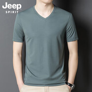 吉普（JEEP）含桑蠶絲短袖T恤男士V領冰絲衣服2025純色運動T恤 淺綠色 48 建議體重100-115斤