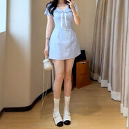娃娃領(lǐng)白色連衣裙子女夏季2025新款小個子獨特漂亮掐腰包臀裙短裙 藍色短款今年流行miu系韓系 S