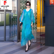 皮爾卡丹（pierre cardin）連衣裙女2024夏季新款顯瘦寬松領(lǐng)氣質(zhì)印花長裙 藍(lán)色 XL 130-150斤