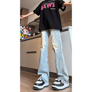 百鵲亭（BAIQUETING）cleanfit白色褲子男夏季高個(gè)子加長(cháng)直筒微喇褲美式高街破洞牛仔褲 港街先生7066藍色 XL 建議110-140斤