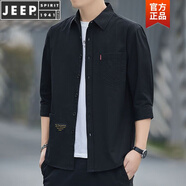 JEEP SPIRIT高檔純棉免燙夏季襯衫男士寬松版七分袖襯衣工裝中袖外套 高質(zhì)量純棉料七分袖(黑色) XL 135斤-155斤