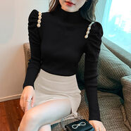 皮爾卡丹（pierre cardin）針織打底衫女秋冬半高領(lǐng)釘珠泡泡袖毛衣 黑色 L 【100斤-110斤】
