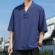 管先生中國(guó)風(fēng)亞麻七分袖T恤男寬松大碼棉麻7分袖小衫夏季輕薄款復(fù)古體恤 T82藏青色 L