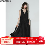 COCOBELLA氣質(zhì)通勤V領(lǐng)無(wú)袖連衣裙夏玉石扣抽繩背心裙FR7008-2 子夜黑 L
