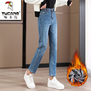 啄木鳥(niǎo)煙管褲直筒牛仔褲女九分高腰彈力秋冬加絨長(cháng)褲子新款百搭顯瘦寬松 九分煙管褲【復古藍】加/絨 XL 【126-136斤】