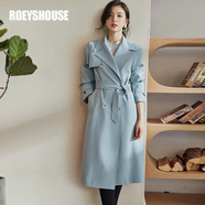 ROEYSHOUSE羅衣知性純色英倫風(fēng)衣女秋裝新款通勤修身系帶中長(cháng)外套05046 藍色 XL