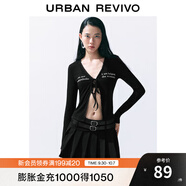 UR秋季新款女裝時(shí)髦蕾絲字母印花系帶開(kāi)襟襯衫UWV240050 黑色 S