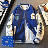 NASALIKE美式女裝棒球服男春季情侶bf風(fēng)刺繡夾克男復古寬松機車(chē)休閑外套男 H08毛呢拼皮【藍色】 L (易打理)