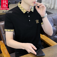 懿龍短袖t恤男夏季新款休閑翻領(lǐng)POLO體恤衫百搭潮流時(shí)尚修身半袖上衣 黑色 XL