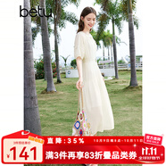 百圖betu女裝春夏新款連衣裙收腰氣質(zhì)法式復(fù)古減齡連衣裙2403D03 米白 M