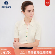Navigare意大利小帆船短袖針織衫女士夏季舒適修身小外套中袖開衫短款T恤 椰奶白 S 碼