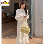 初徑秋冬配大衣毛衣裙女寬松中長(cháng)款過(guò)膝連衣裙加絨加厚內搭針織打底衫 米白色 L