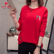 皮爾卡丹2025新款秋冬裝韓版寬松加厚加絨打底衫女長(cháng)袖T恤女裝保暖上衣服 283加絨M字母-紅色 3XL 【135-150斤】