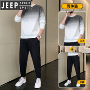 JEEP SPIRIT吉普長(zhǎng)袖T恤春秋季衣服潮牌寬松兩件套休閑運(yùn)動(dòng)服男裝漸變T恤套裝 8171白黑 XL125-140斤