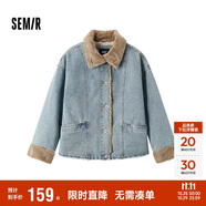 森馬（Semir）牛仔棉服女拼接毛領(lǐng)美式復(fù)古2024冬寬松毛邊夾克街頭109724108017