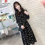 皮爾卡丹（pierre cardin）雪紡碎花連衣裙春季新款女裝洋氣收腰顯瘦氣質(zhì)長(cháng)款長(cháng)袖小黑裙 黑波點(diǎn)款 2XL 125-140斤