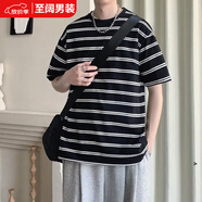 麥潮尚休閑短袖T恤男士2025新款夏季ins港風(fēng)寬松條紋半袖學(xué)生百搭 A27黑色 M 合適80-100斤