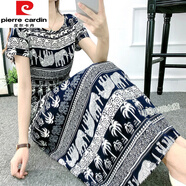 皮爾卡丹（pierre cardin）棉綢連衣裙夏波西米亞背心長(zhǎng)裙碎花沙灘裙女海邊度假人造棉印花裙 蝙蝠袖椰樹(shù)象 M建議80-90斤
